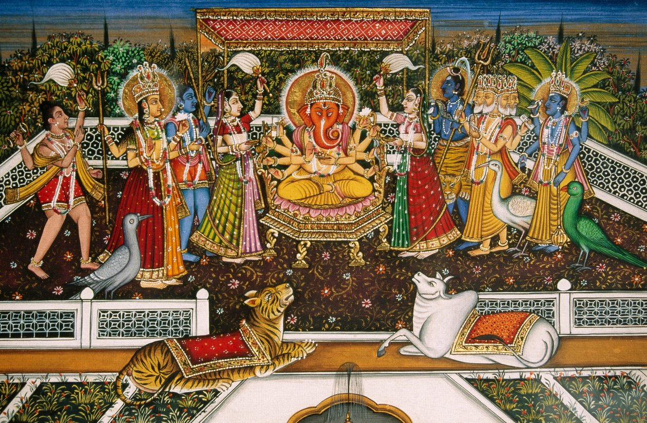 Miniature de Ganesh avec Brahma, Vishnu, Shiva, Durga sur papier - School Indian