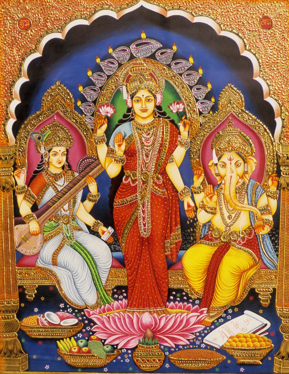 Seigneur Ganesh avec Laxmi et Saraswati Peinture miniature sur papier avec dorure en relief Inde - School Indian