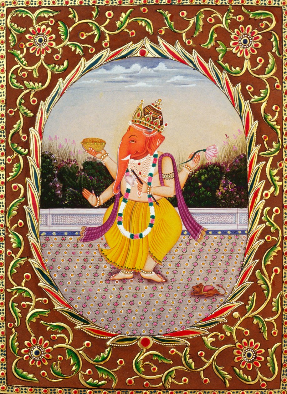 Seigneur Ganesha Ganpati, miniature sur papier avec broderie - School Indian