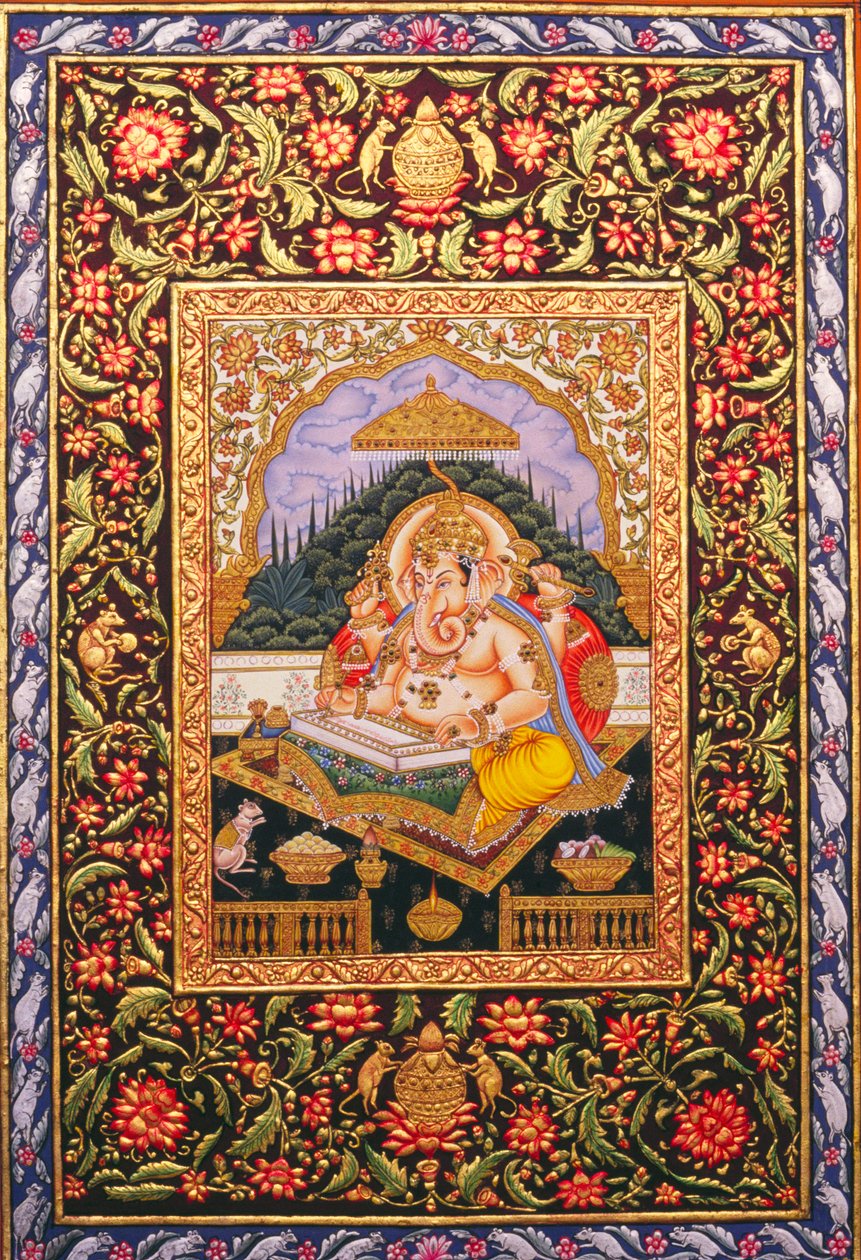 Peinture Miniature de Lord Ganesha Ganpati sur Papier avec Dorure - School Indian