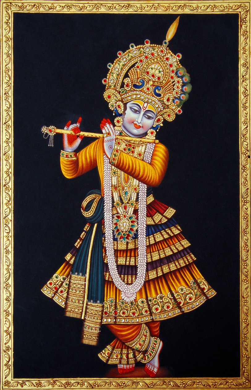 Seigneur Krishna jouant de la flûte, miniature sur papier - School Indian