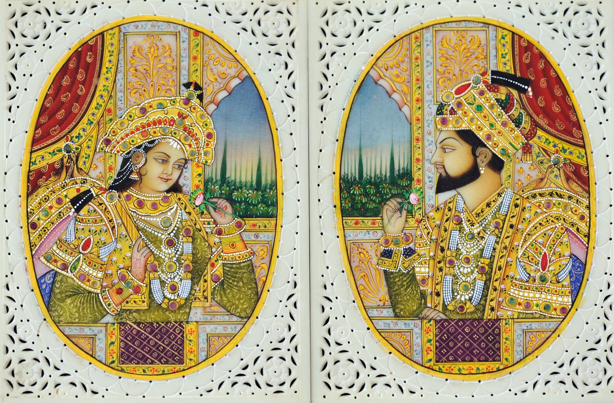 Peinture Miniature de Shah Jahan avec sa Femme Mumtaz Mahal Inde Asie - School Indian