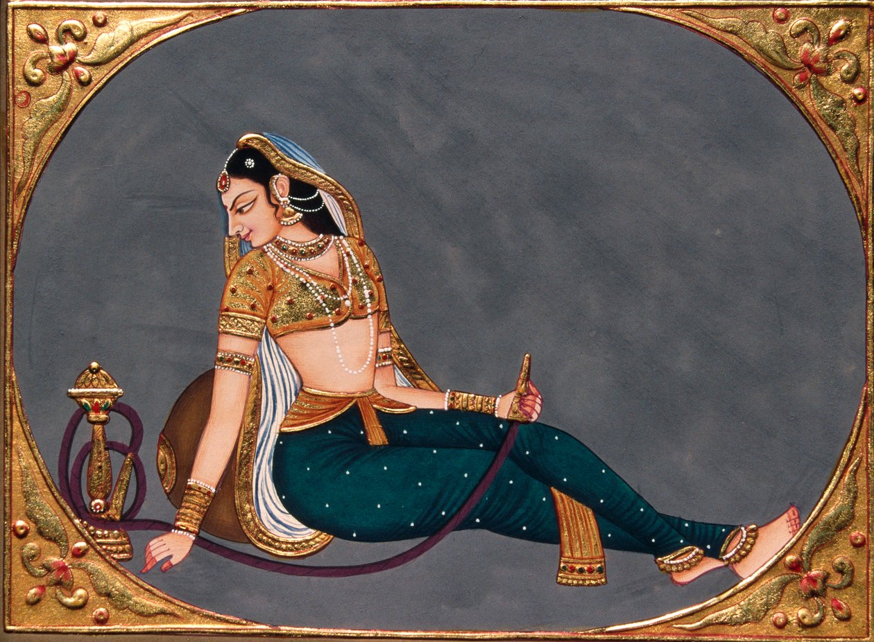 Peinture miniature sur papier Dame profitant du hookah - School Indian