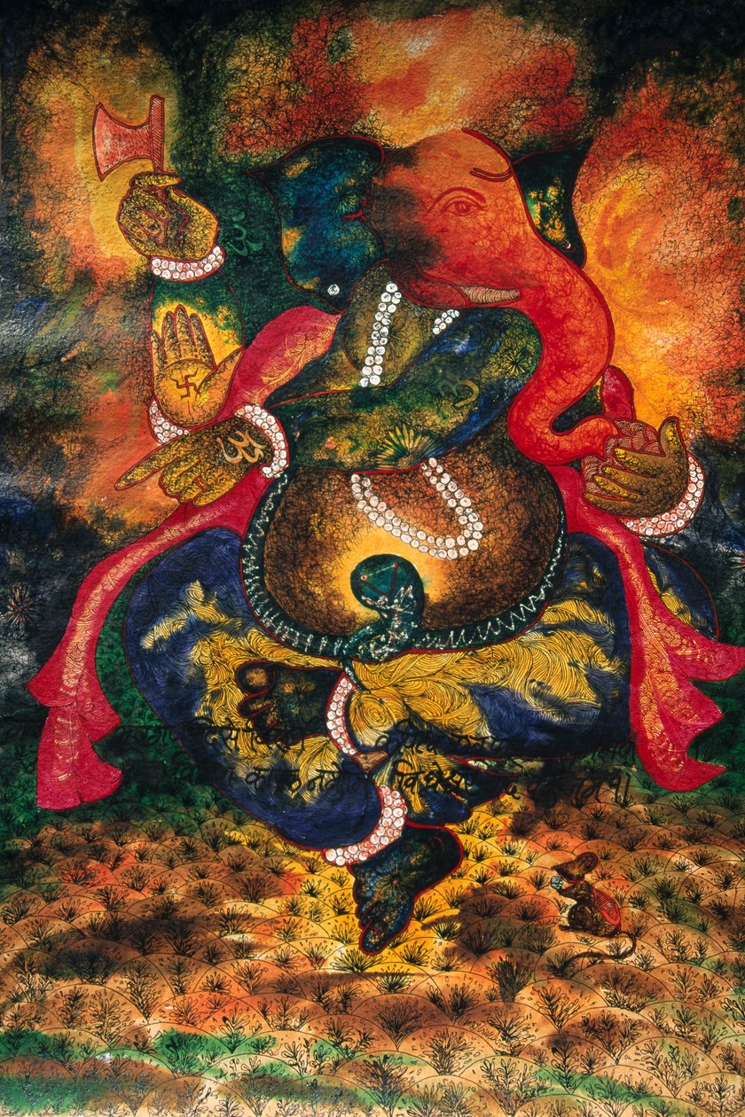 Peinture miniature de Ganesh Ganpati Dieu sur papier - School Indian