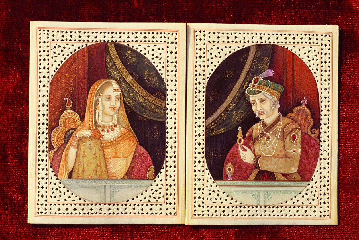Empereur moghol Akbar & Jodhabai Peinture sur ivoire - School Indian