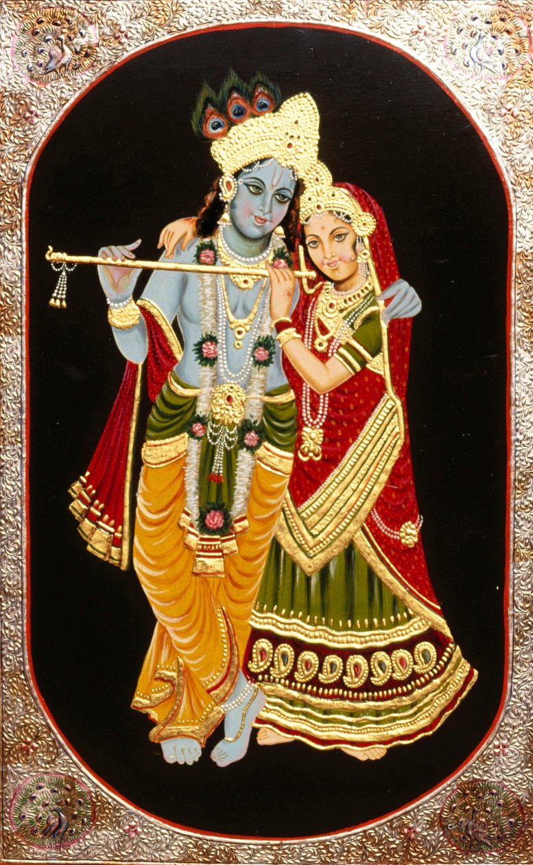 Peinture de Dieu Krishna et de sa plus grande dévote Radha, Inde - School Indian