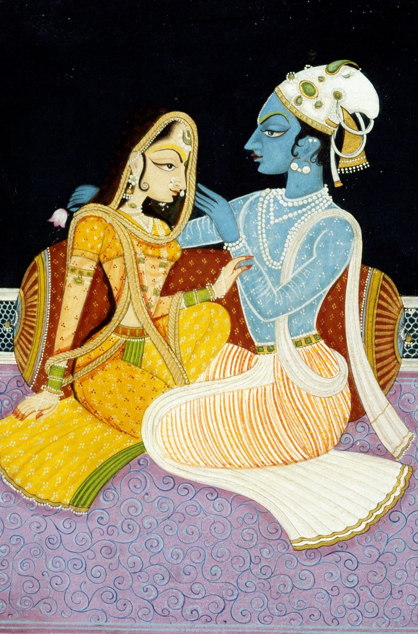 Peinture de Dieu Krishna et sa Plus Grande Dévote Radha, Inde - School Indian
