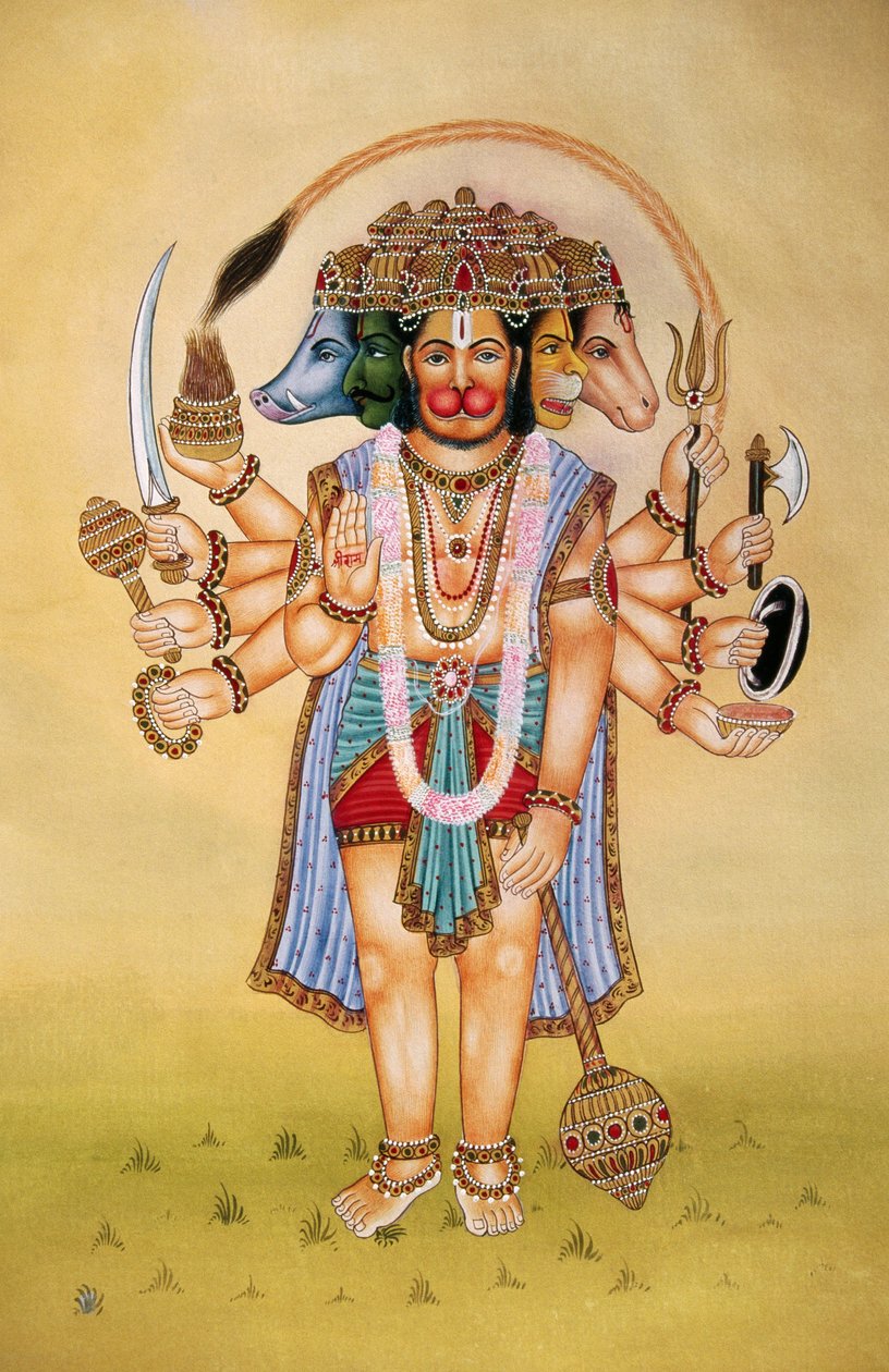Peinture miniature de Panchmukhi Lord Hanuman sur papier - School Indian