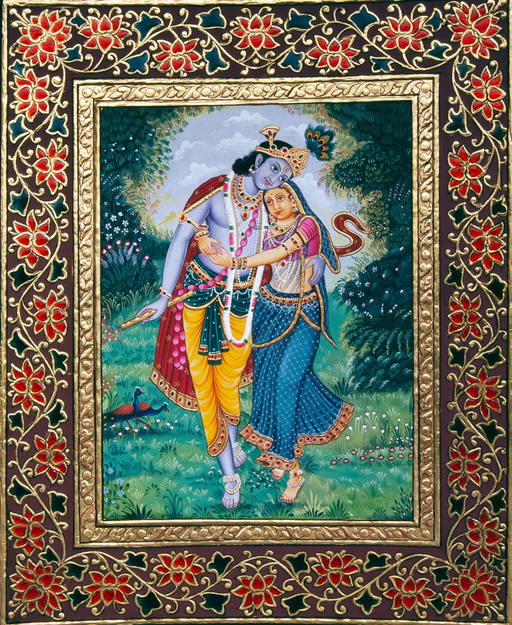 Peinture miniature de Radha Krishna sur papier - School Indian
