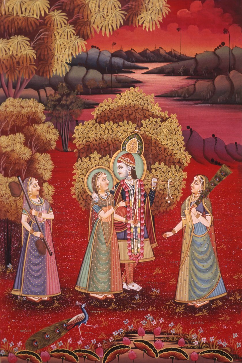 Peinture miniature de Radha Krishna sur soie - School Indian