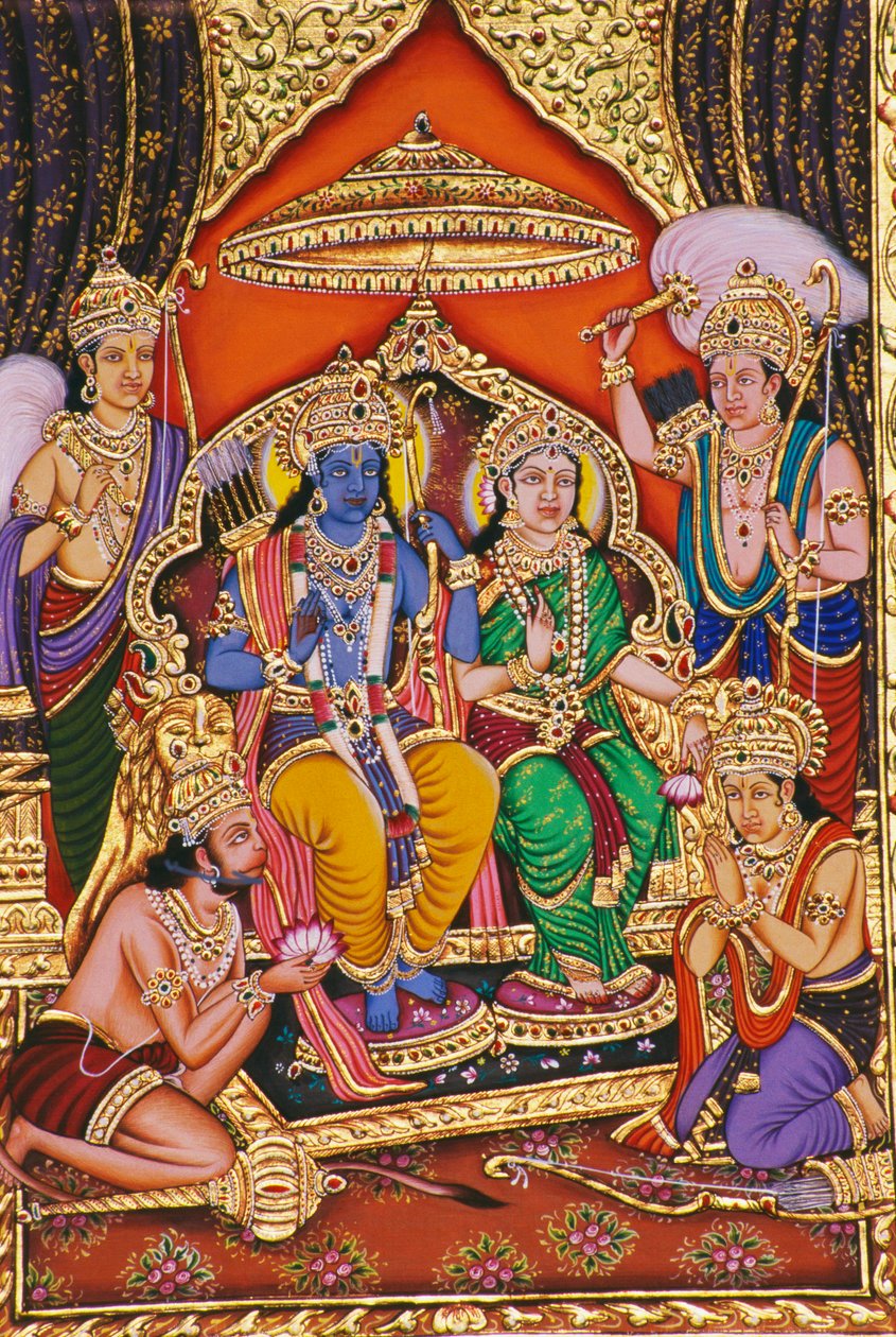 Peinture miniature de Ram Darbar sur papier avec embossage - School Indian