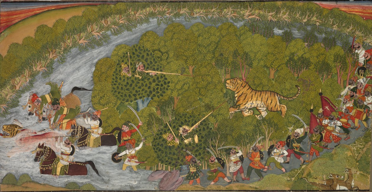 Chasse au tigre, vers 1800 (encre et couleur sur papier) - School Indian