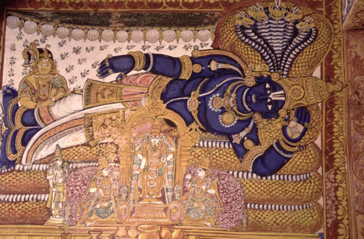 Peinture murale du dieu Vishnu reposant sur un serpent