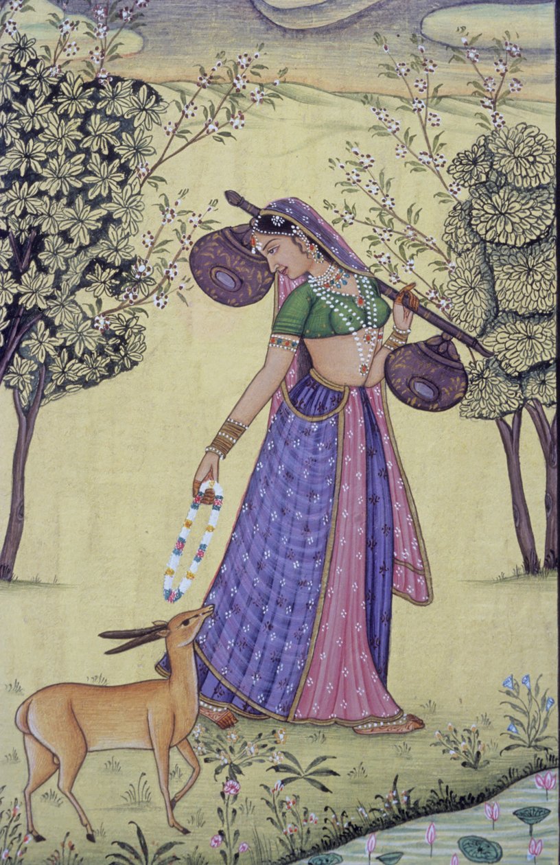 Femme tenant une Rudra Veena et une guirlande de fleurs, miniature, Inde - School Indian