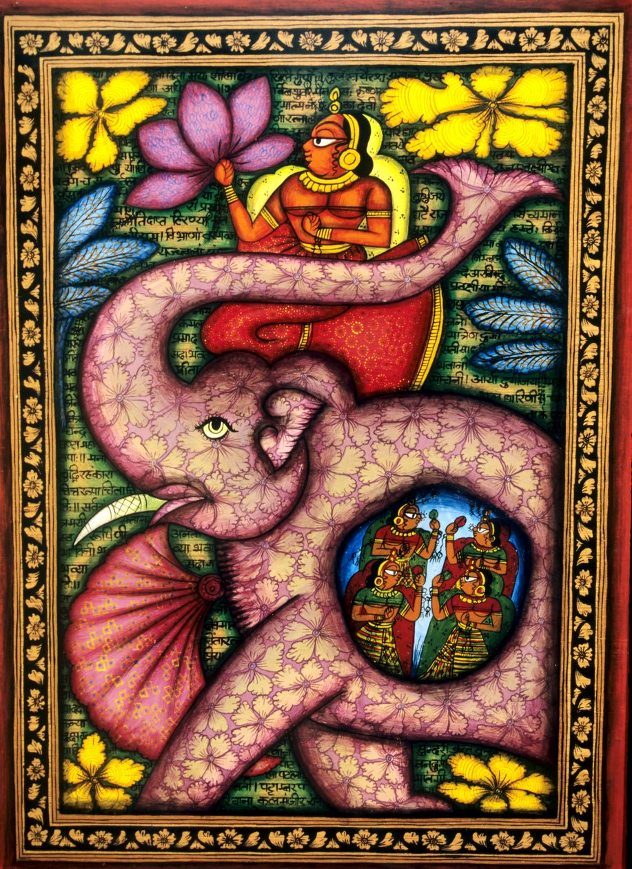 Femme assise sur un éléphant tenant une fleur, miniature, Inde - School Indian