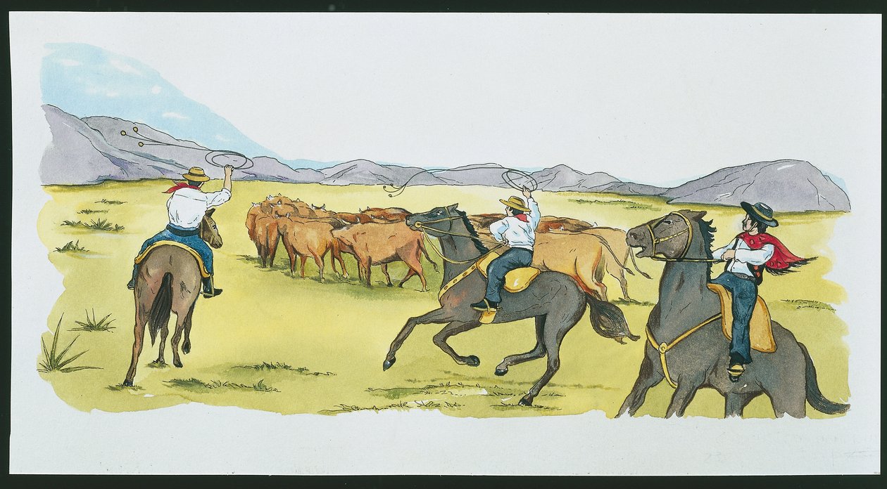 Argentine - gauchos rassemblant du bétail dans les Pampas - School Italian
