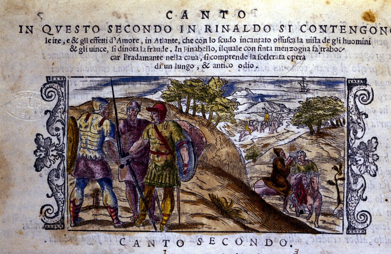 À droite Angélique rencontre un ermite qui arrêtera le combat entre Renaud (Rinaldo) et Sacripant (Sacripante) pour le cheval Bayard - Scène tirée du poème chevaleresque « Orlando Furioso » (Le Roland Furieux) de Ludovico Ariosto (1474-1533) - School Italian