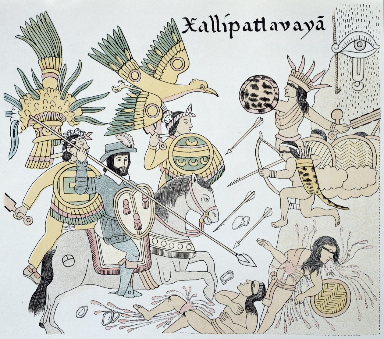 Combats entre Espagnols et Aztèques à la bataille de Xallipatlavaya, illustration tirée d