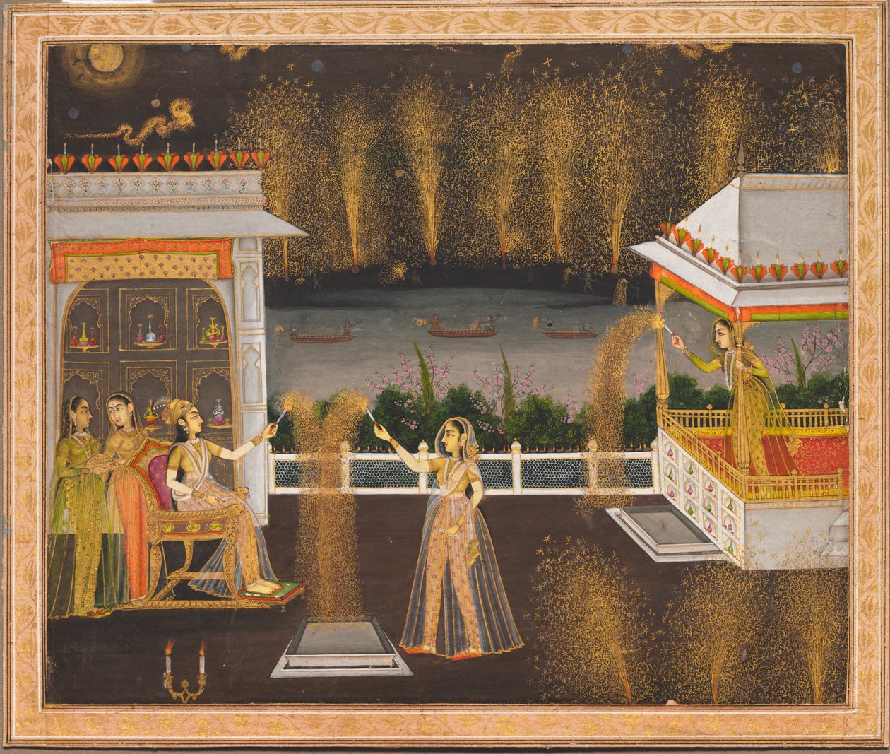 Dames célébrant Diwali, vers 1760 (aquarelle opaque et or sur papier) - School Mughal