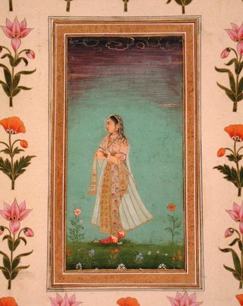 Dame marchant parmi les fleurs, du Petit Album Clive - School Mughal
