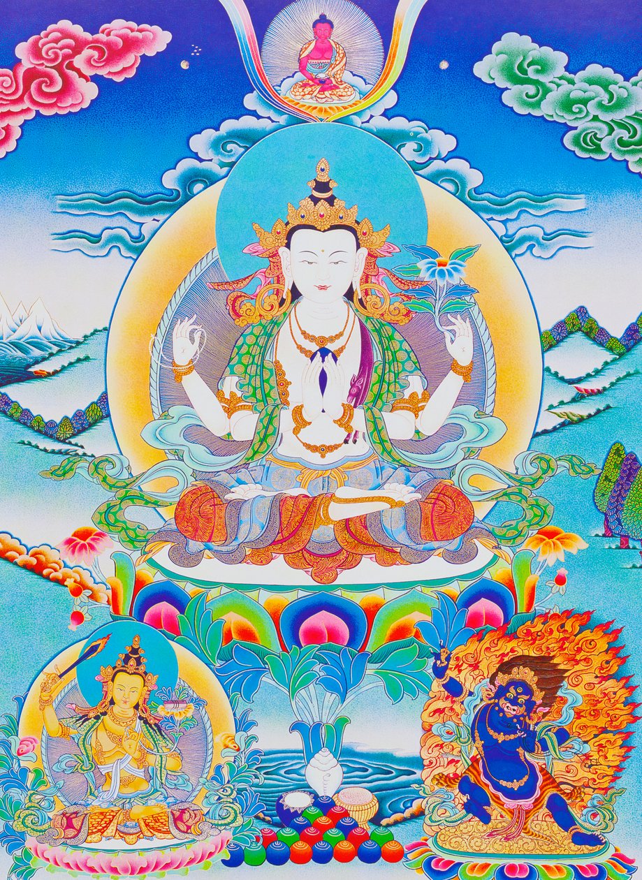 Image représentant Chenresi, le seigneur des six syllabes "Om Mani Padme Hum" - School Nepalese