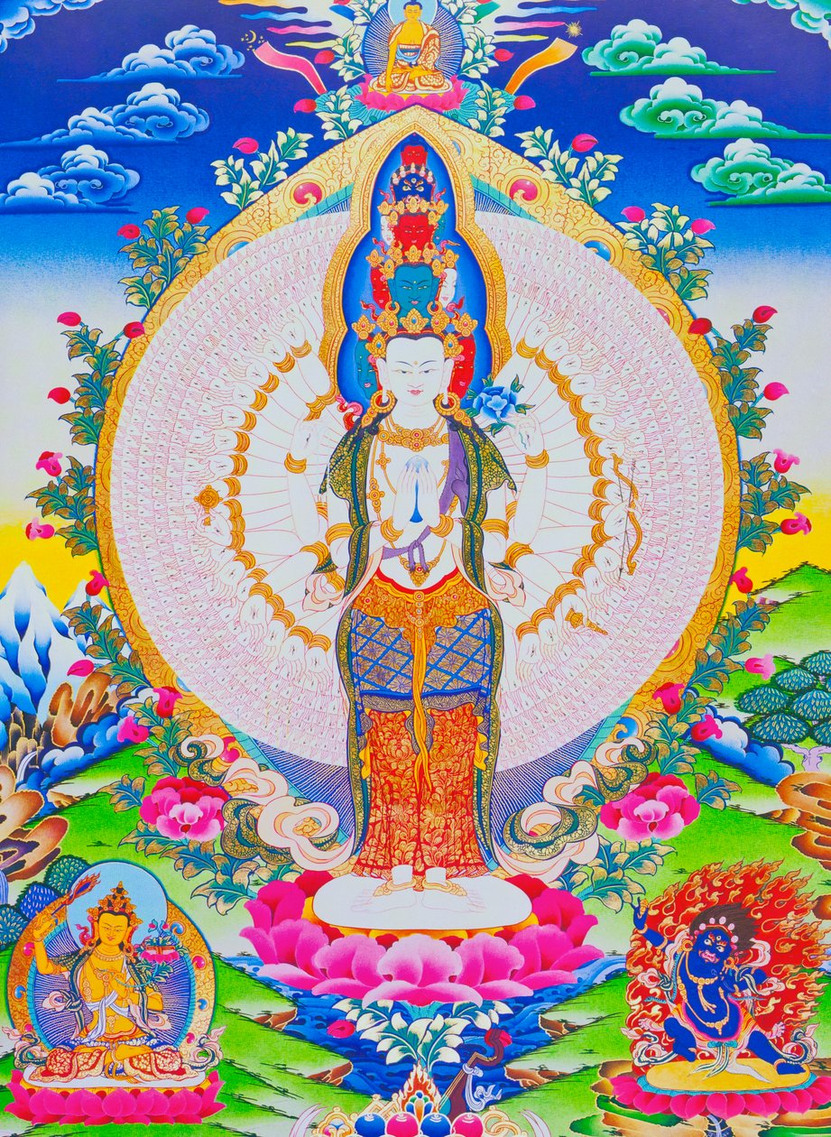 Image représentant Avalokiteshvara aux mille bras, Avalokiteshvara à onze têtes avec mille bras et 1022 yeux symbolisant la compassion infinie - School Nepalese