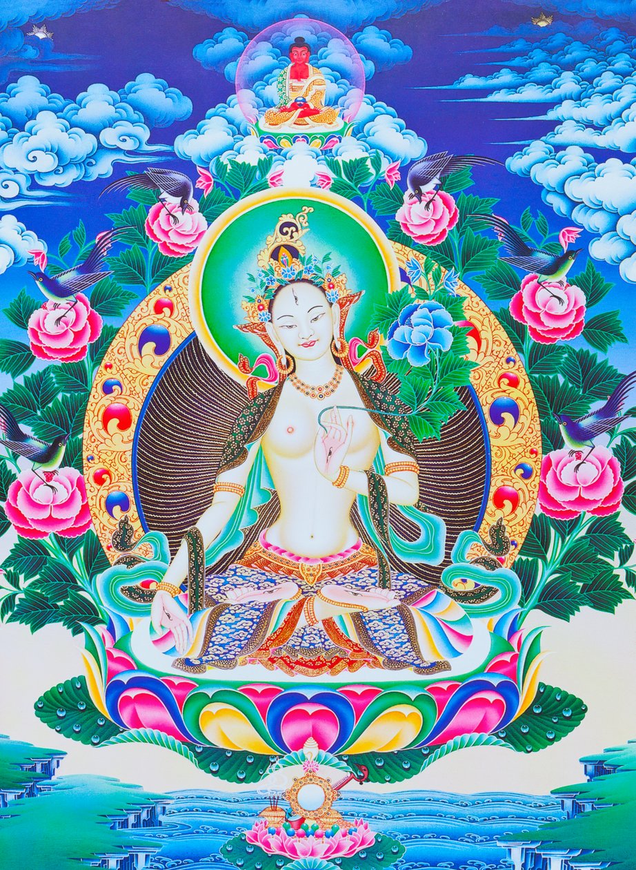 Image représentant Tara blanche, la mère divine aux sept yeux assise sur un lotus avec sa main droite en position varada mudra symbolisant la générosité - School Nepalese