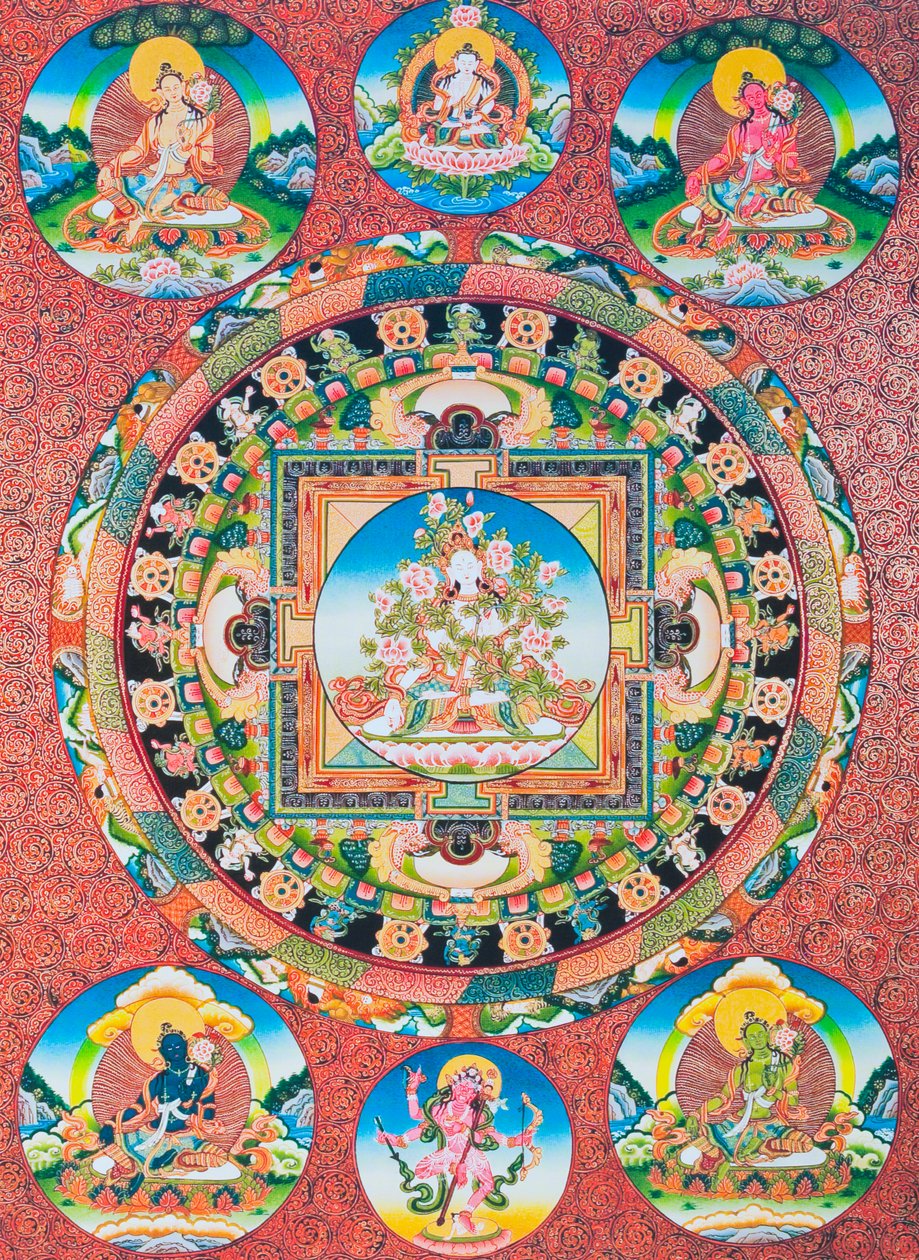 Mandala de Tara Blanche; la déesse aux sept yeux du panthéon bouddhiste représentant la déesse de la compassion et la protectrice des êtres humains - School Nepalese
