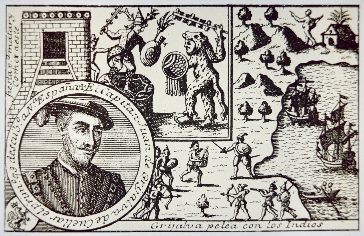 Les Espagnols sous Juan de Grijalva débarquent au Yucatan et affrontent les guerriers mayas à la bataille de Champoton, mai 1518 (lithographie) - School Spanish