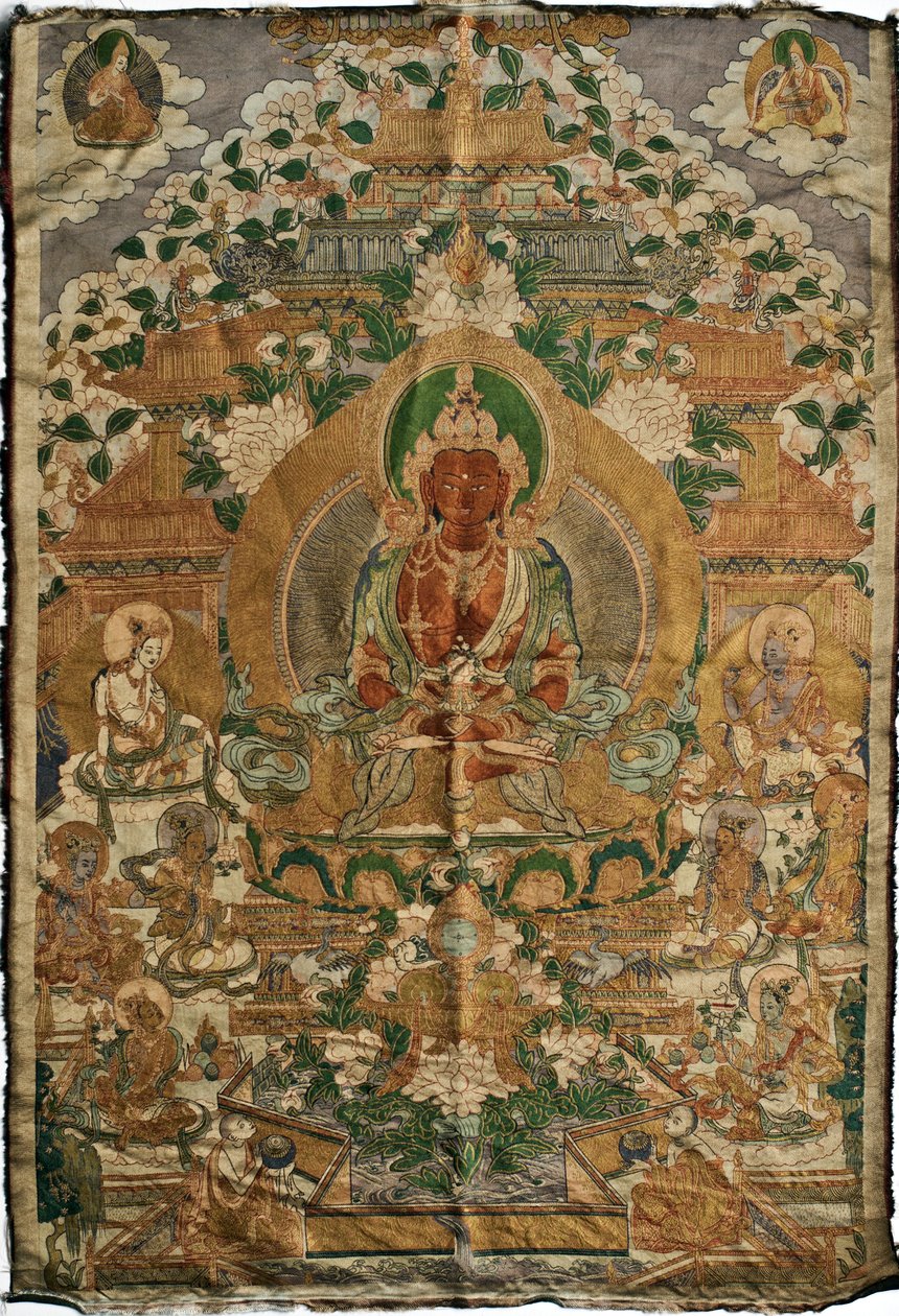Amitabha (bouddha de la terre pure) - Peinture tibétaine, pigments et or sur tissu, fin du 19ème siècle, 74x51 cm - (Amitayus Buddha Thangka, culture tibétaine, pigments et or sur textile, fin du 19ème siècle) - Collection privée - School Tibetan