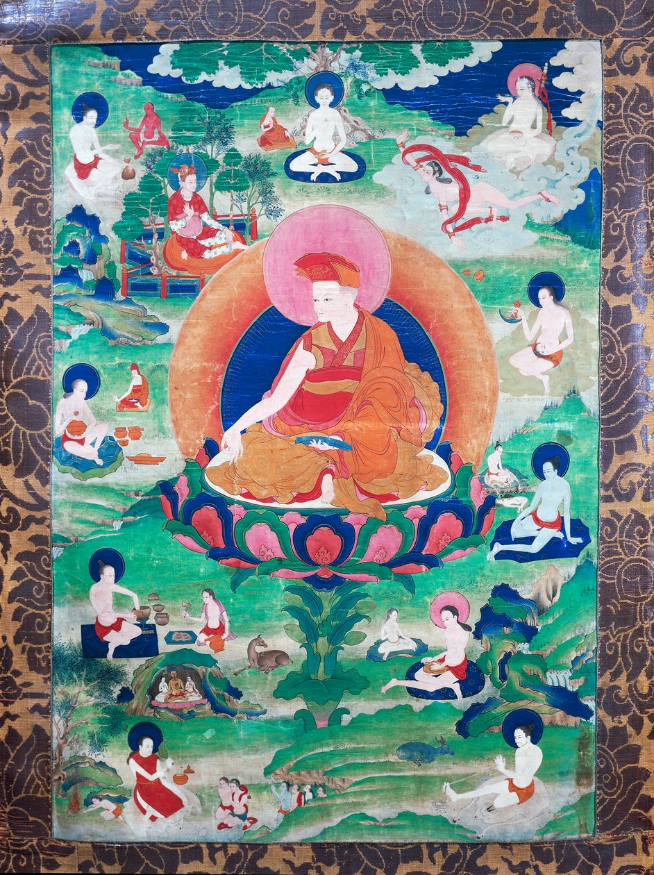 Le Lama Rje-grags Rtod Iha-pa-pa-wang Graps avec halo et entouré de nombreux mahasiddha (yogis), ayant vécu en Inde et au Tibet (7e-11e siècle), gouache sur toile - School Tibetan
