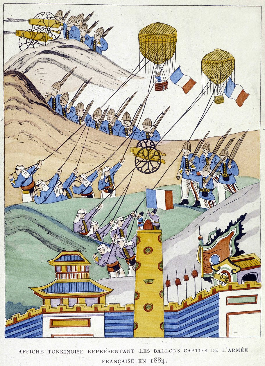 Affiche tonkinoise représentant les ballons captifs de l