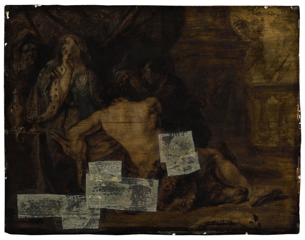 Samson, endormi sur les genoux de Dalila, se fait tondre les cheveux (Juges 16:19). - School of Peter Paul Rubens