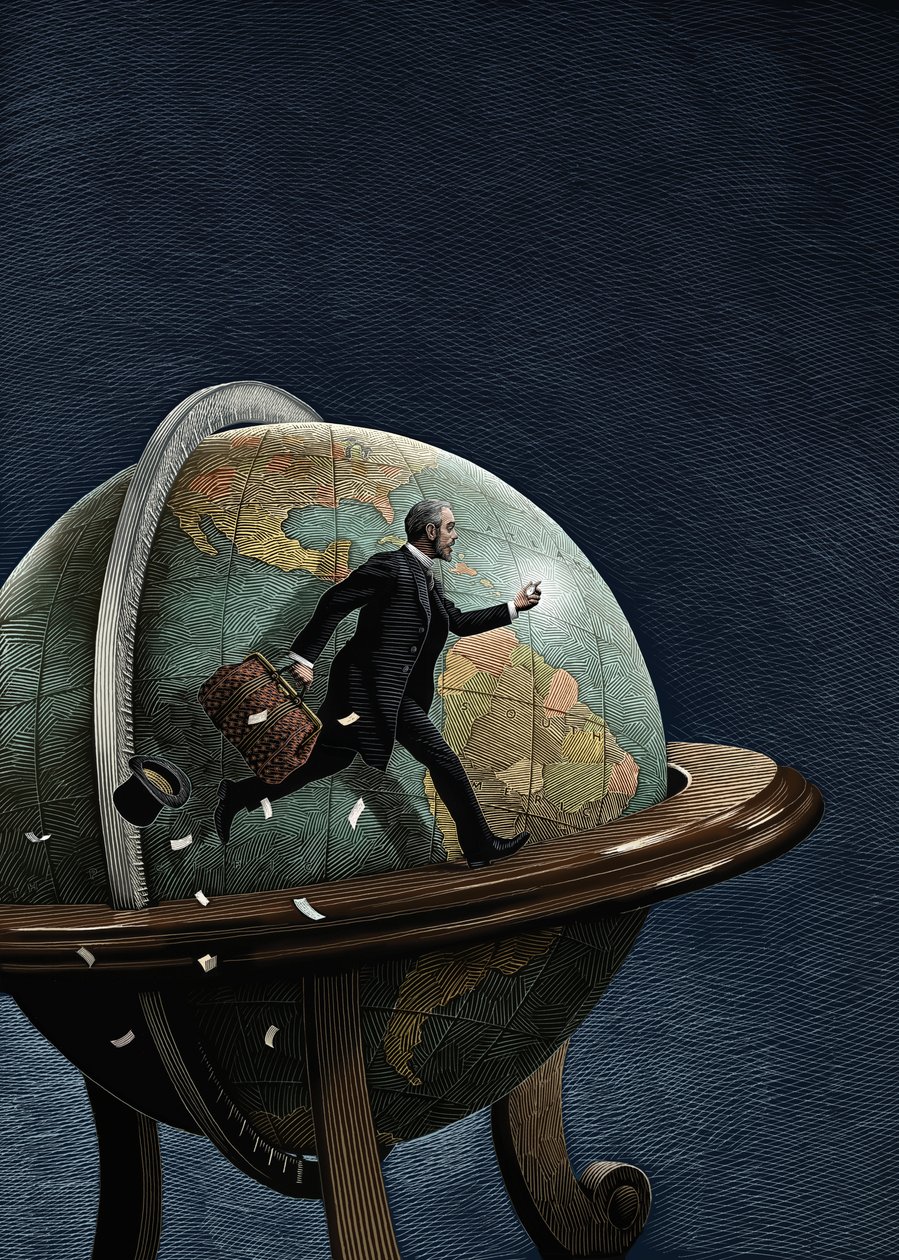 Le tour du monde en quatre-vingts jours, 2008 (planche à gratter, colorisée numériquement) - Scott McKowen