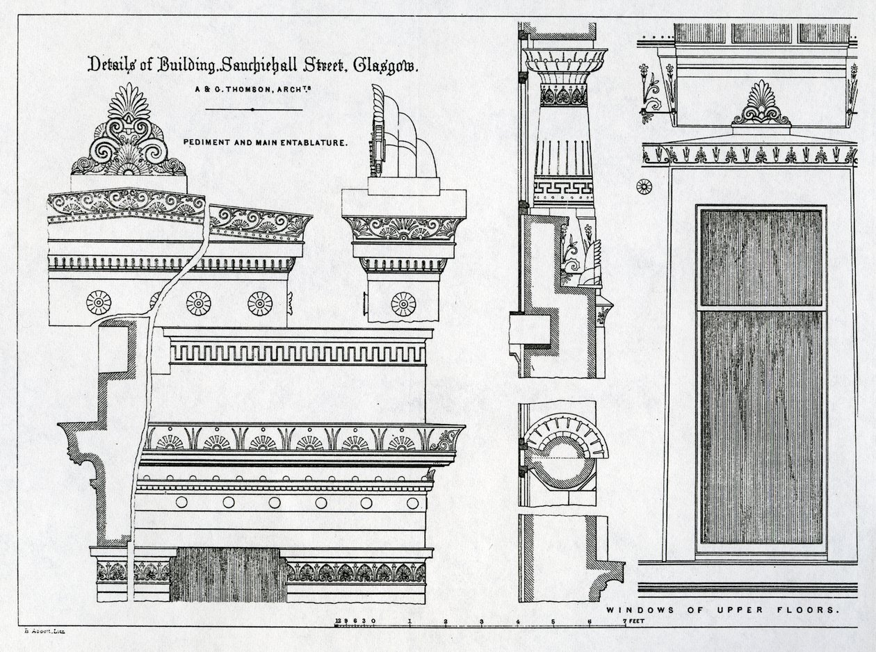 Détails architecturaux des chambres grecques, 336-356 Sauchiehall Street, Glasgow, conçus par Alexander Greek Thomson, 1869 - Scottish School