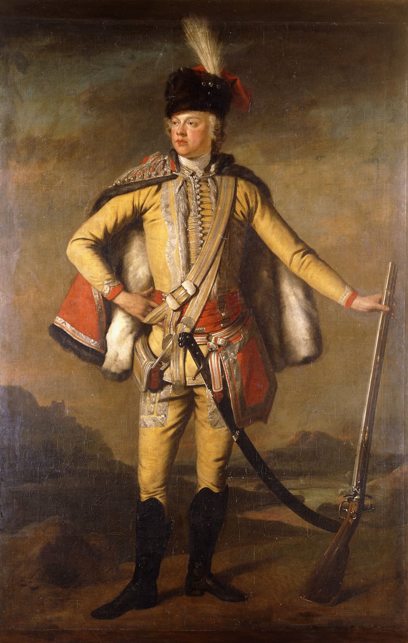 Portrait de John Lindsay, 20e comte de Crawford et Lindsay, en uniforme de hussard, tenant un mousquet à silex, avec un paysage en arrière-plan, vers 1745 - Scottish School
