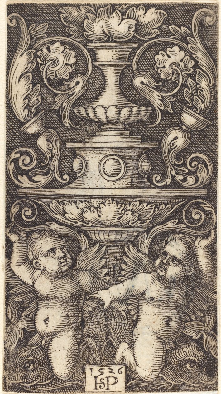Double coupe avec deux génies chevauchant des dauphins - Sebald Beham