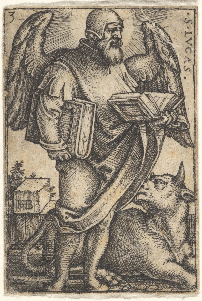 Saint Luc avec la tête tournée de profil vers la droite, un livre dans chaque main - Sebald Beham