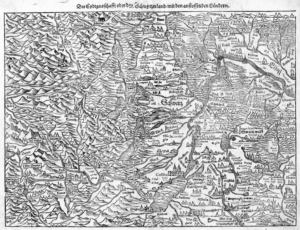 Ancienne carte de la Suisse par Sebastian Münster, 1550 - Sebastian Munster