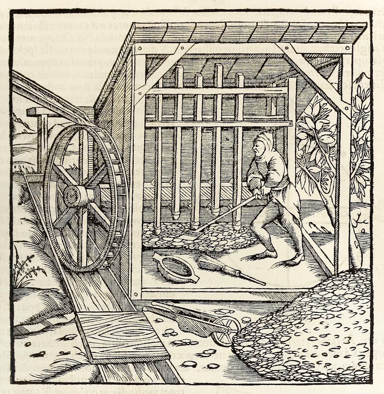 Exploitation minière avec roue hydraulique, de l