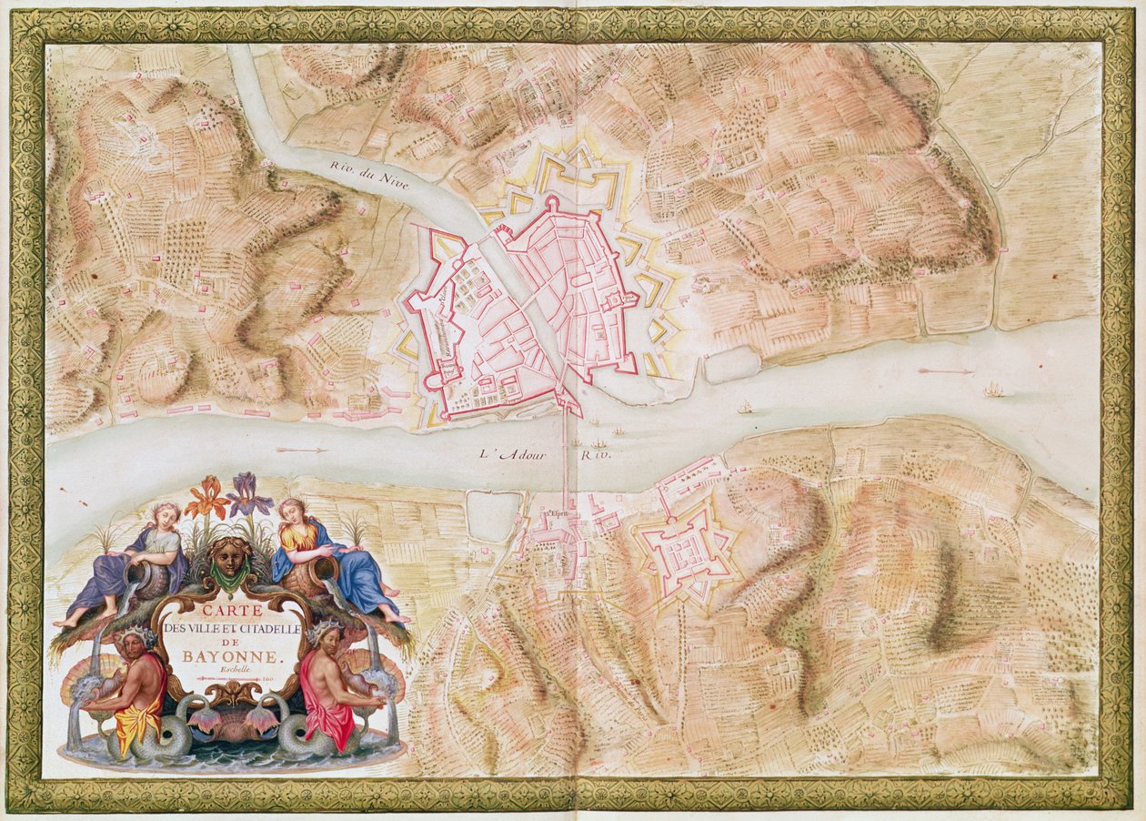 Ms 988 tome 3 fol.45 Plan et carte de la ville et de la citadelle de Bayonne, de l