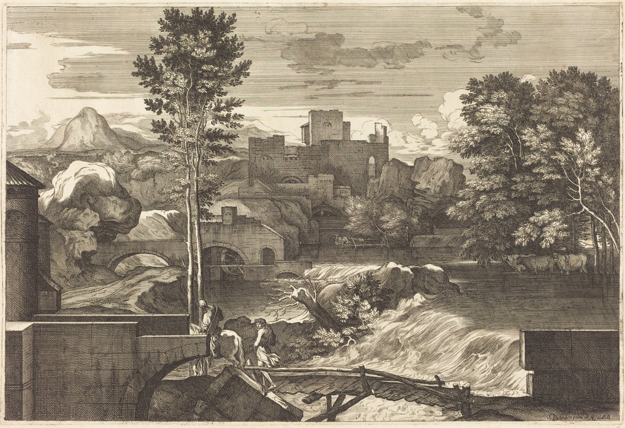 Paysage avec deux personnages sur un pont - Sébastien Bourdon