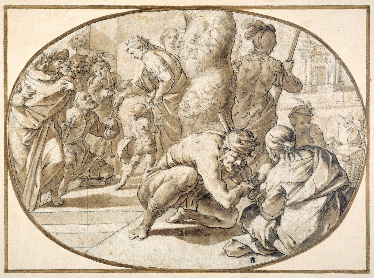 Une reine distribuant des aumônes à un mendiant infirme dans le temple de Jérusalem, début du XVIIe siècle - Second School of Fontainebleau