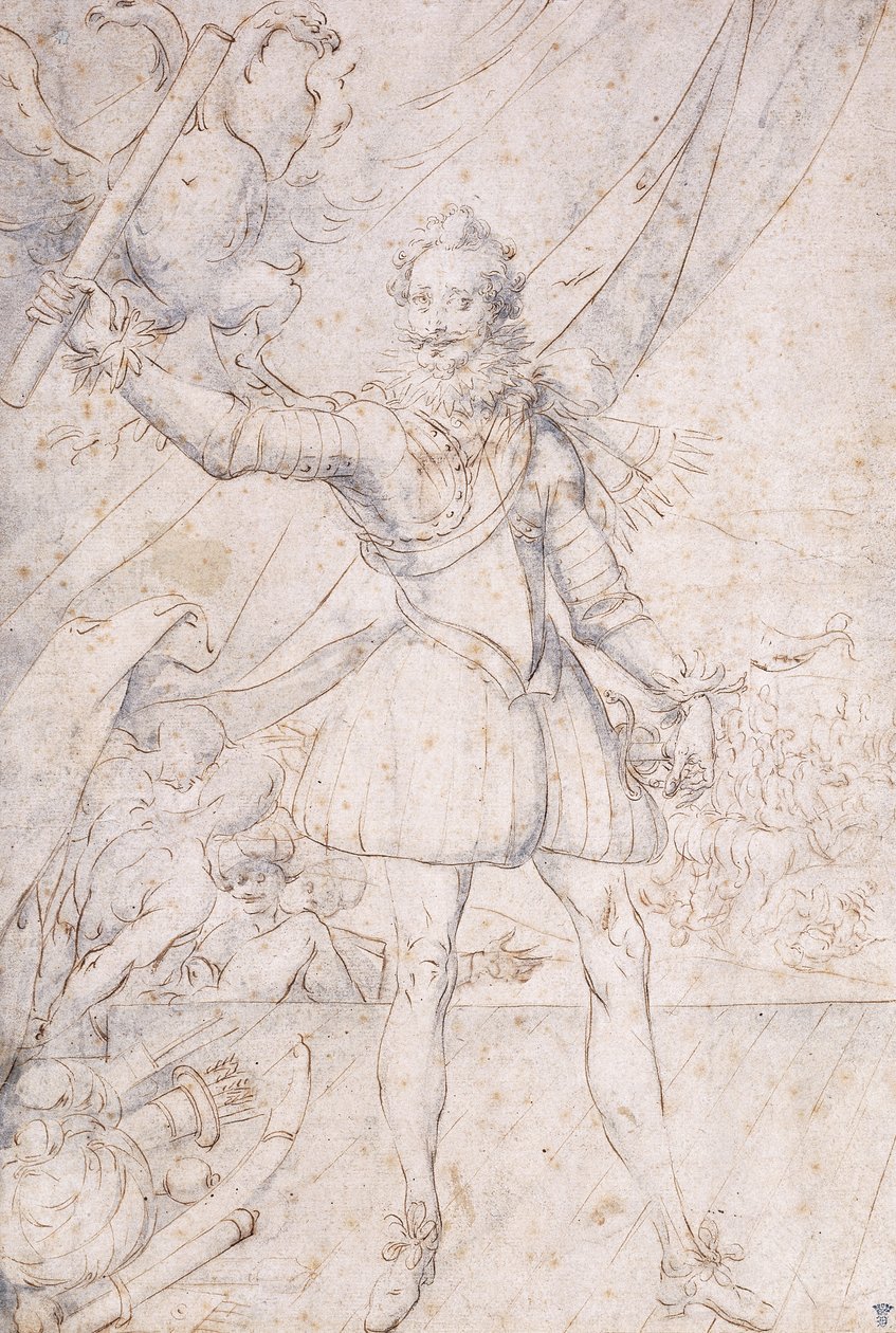 Le Roi Henri IV, en pied, un trophée des armes ottomanes à ses pieds, levant un parchemin devant un aigle - Second School of Fountainebleau