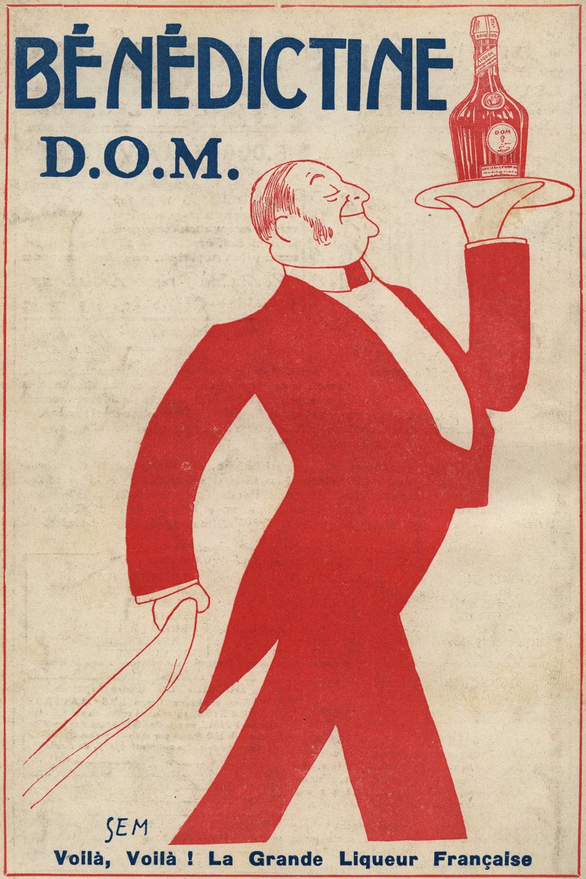 Publicité pour le digestif (liqueur) « Bénédictine » (D.O.M.) Un garçon de café porte une bouteille sur un plateau. Dessin de Sem (1873-1932). 1911 - Sem