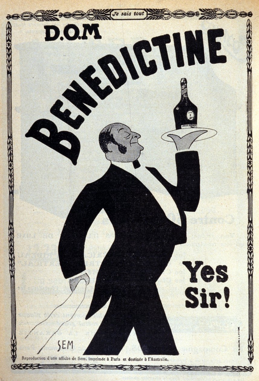 Publicité pour le digestif « Bénédictine ». Un garçon de café porte une bouteille sur un plateau. Dessin de Sem (1873-1932). 1910 - Sem