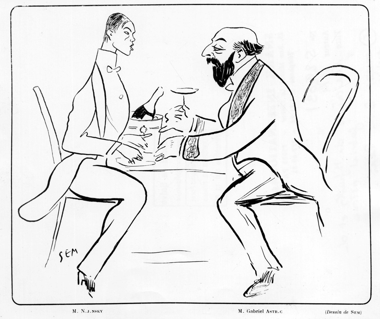 Caricature de Nijuisky et Gabriel Astri dans un café, dessin de Sem (1863 - 1934) - Sem