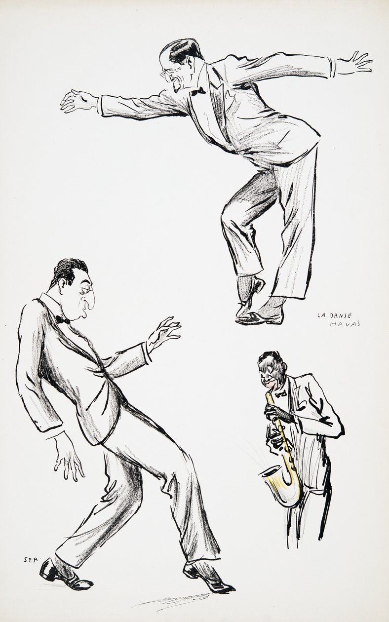 Deux gentlemen en cravate noire exécutent La Danse Havas au son du saxophone, de White Bottoms, pub. 1927 - Sem