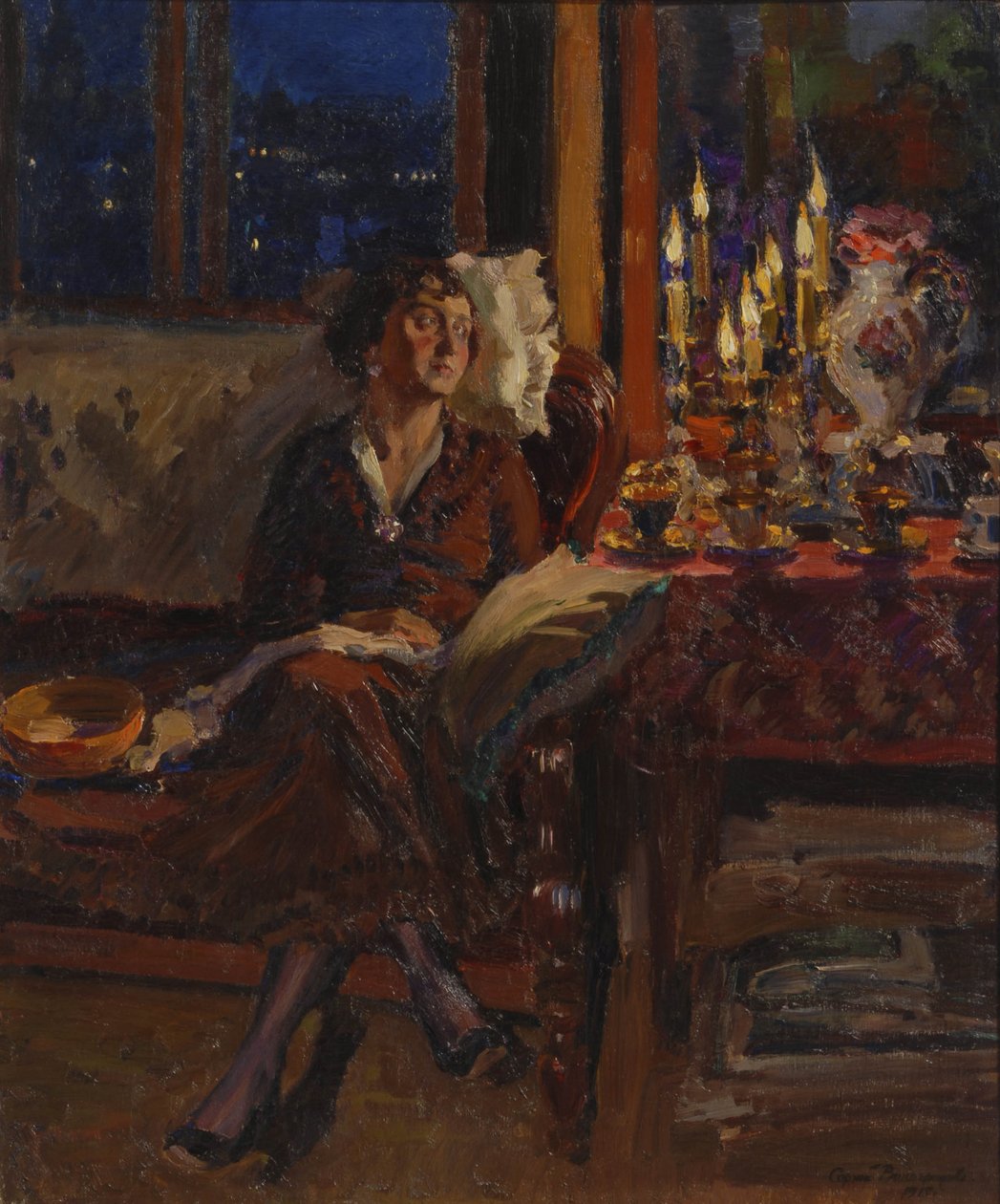 Dame avec un Livre dans un Intérieur - Sergei Arsenevich Vinogradov