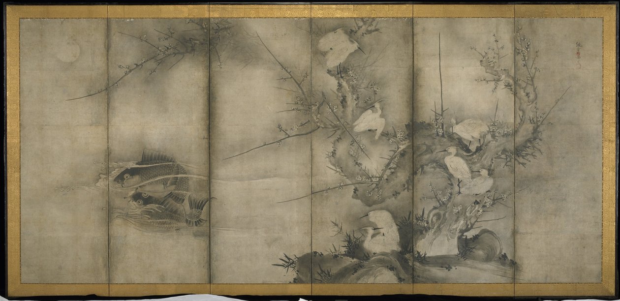 Saule, Hérons dans le prunier et le saule, paravent à six panneaux - Sesson Shkei